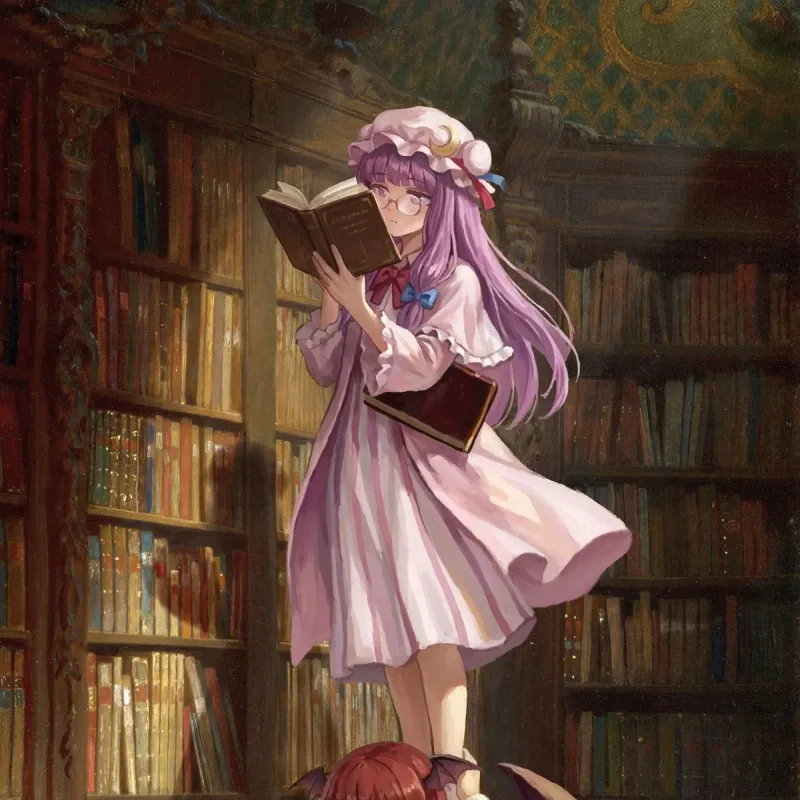 Patchouli reading on Koakuma's shoulders, a Sukima Moonlight giclée print